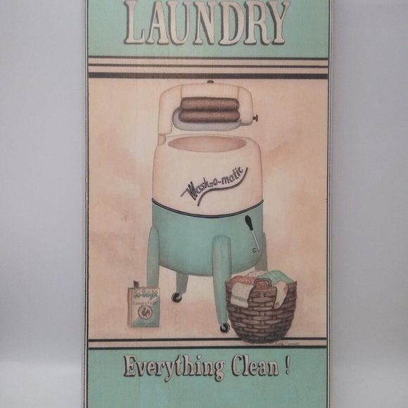 Rectangle Laundry Room Wooden Retro Style Picture Sign Linda Spivey Wash-O-Matic - Picture 1 of 12